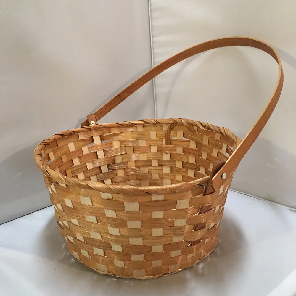 Woven Wood Splint Basket 11 Inch Natural Tan Round Tall Swing Handle Cottagecore
